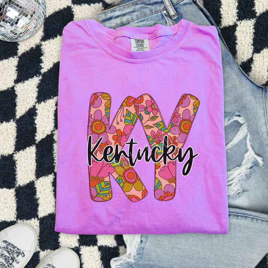 Kentucky, KY, Retro Flowers, Black Script | DTF Print - COOL PEEL |