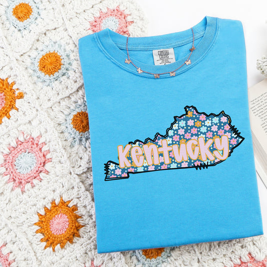 KY, State, Blue, Colorful Flowers | DTF Print - COOL PEEL |