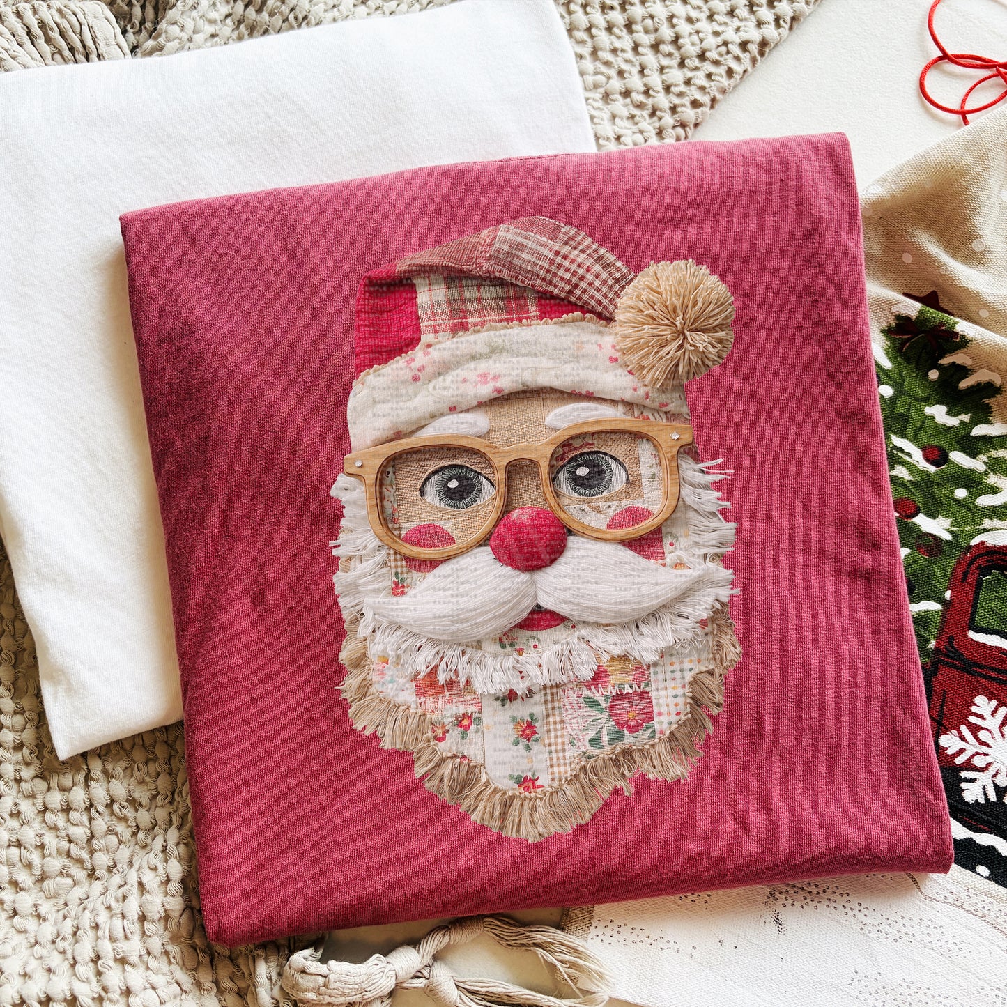 Patchwork Santa, Wooden Glasses | DTF Print - COOL PEEL |