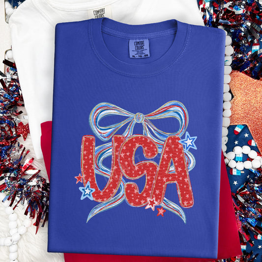 USA In Red With Stars, Bow Behind | DTF Print - COOL PEEL |