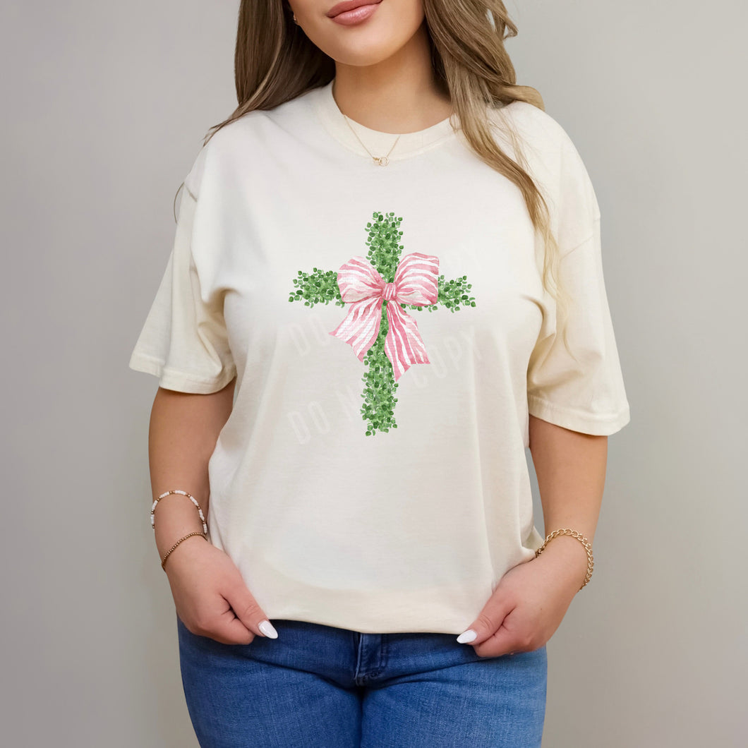 Boxwood Cross, Pink Bow | DTF Print - COOL PEEL |