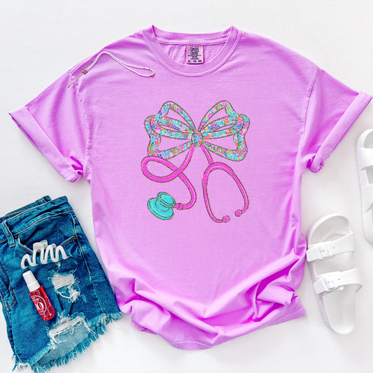 Floral Nurse Stethoscope Bow | DTF Print - COOL PEEL |