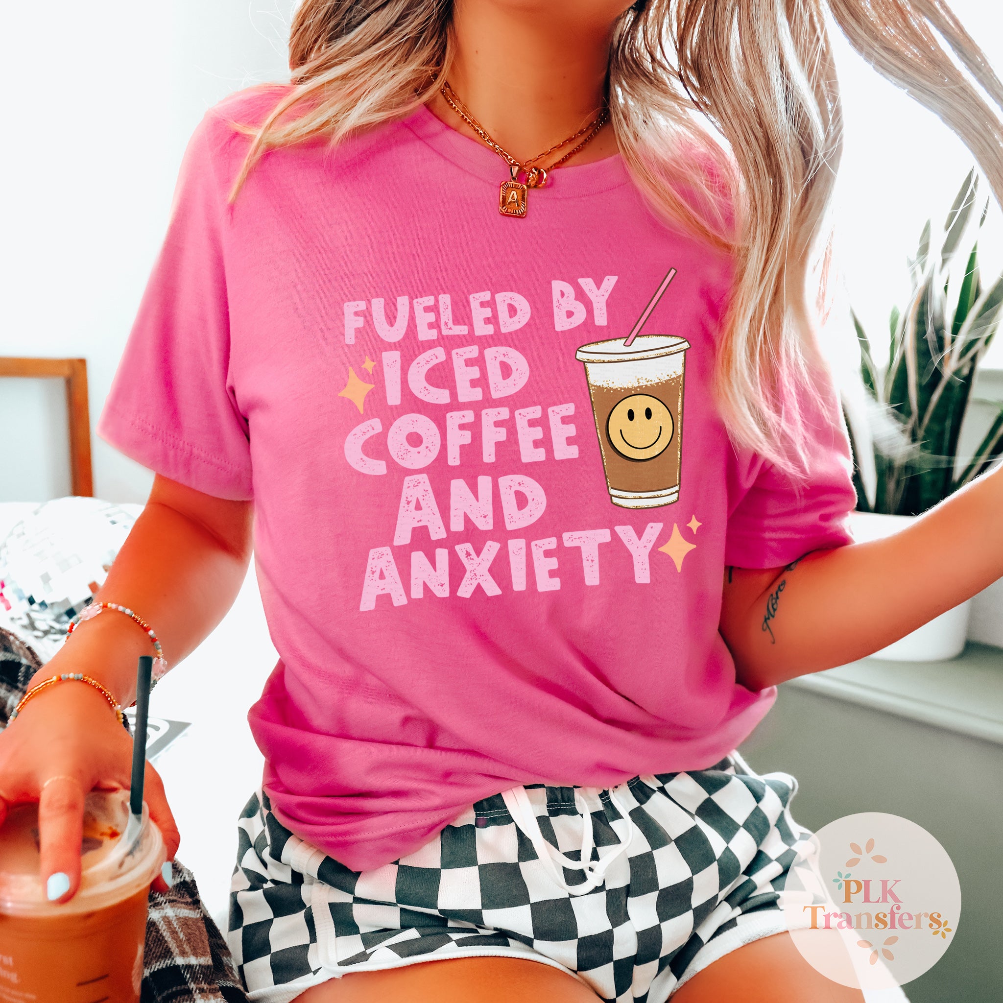 Fueled By Iced Coffee & Anxiety | Matte Clear Film Screen Print Transf ...
