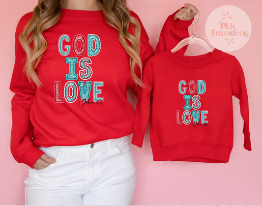 ADULT, God Is Love, Red & Teal, Faux Embroidery Sequin, Valentine's Day, Scripture | DTF Print - COOL PEEL |
