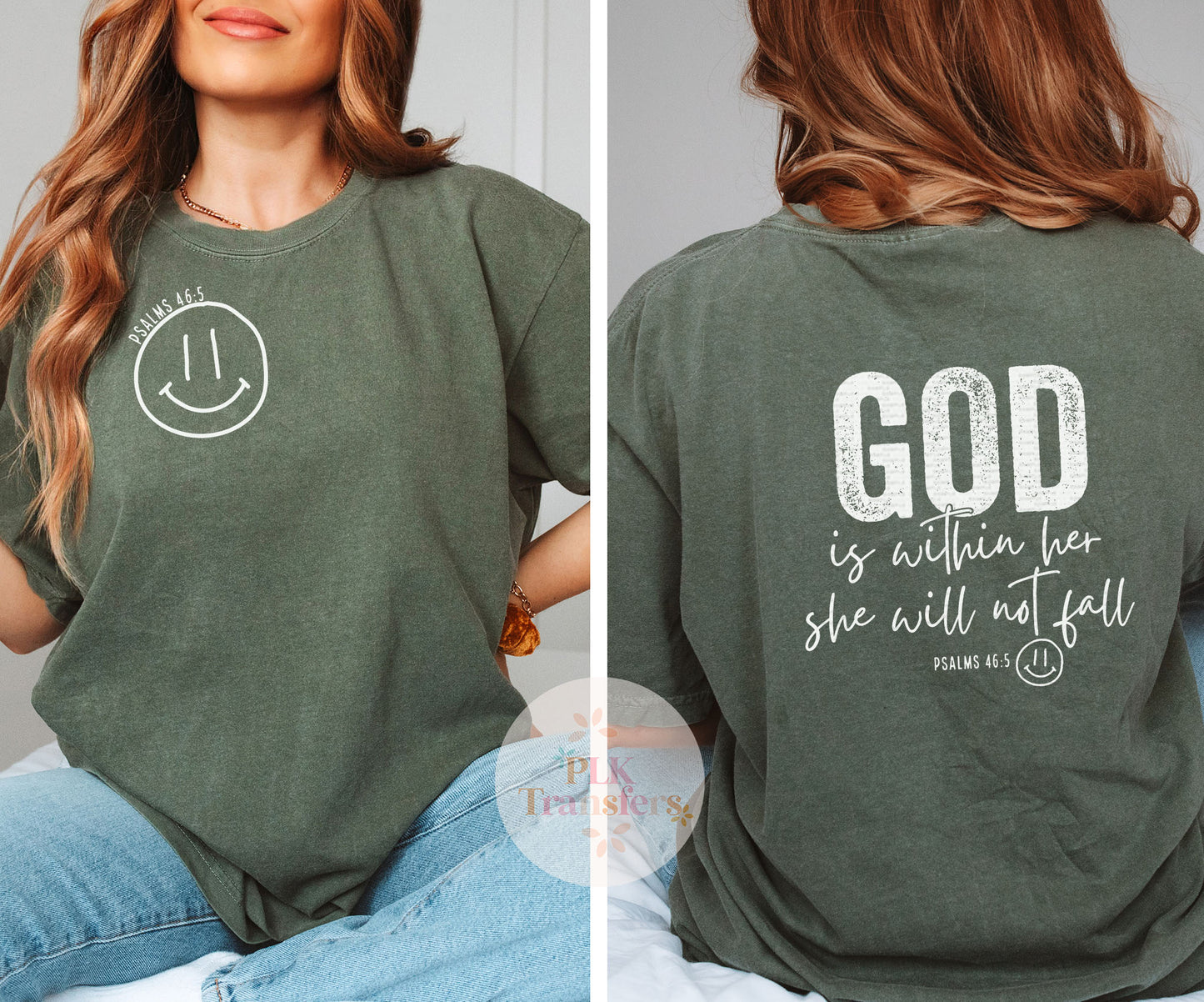 OVERSIZED POCKET HAPPY FACE (full size purchased separately) God Is Within Her Scripture | Screen Print Transfer | - SINGLE COLOR (LOW HEAT)