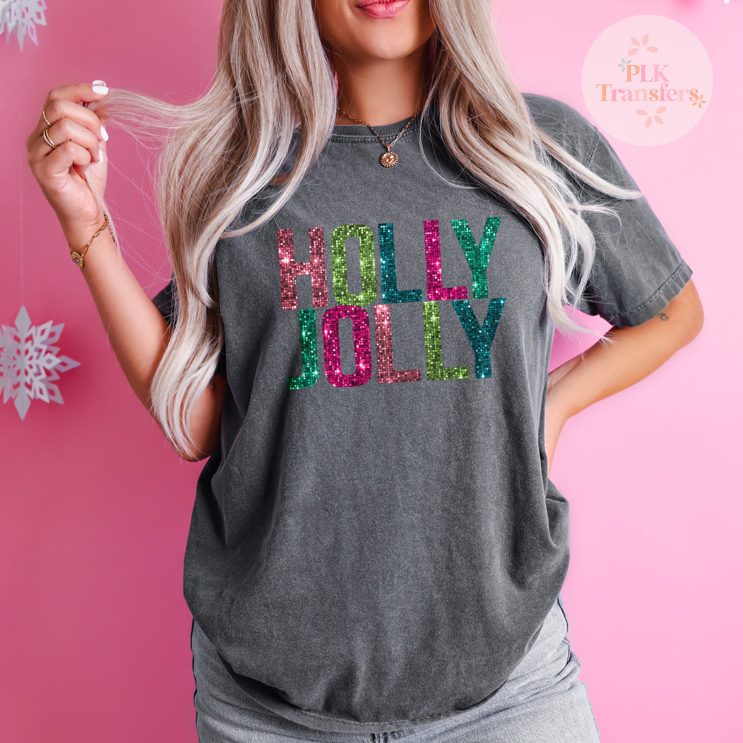 Faux Glitter Sequin, Holly Jolly, Christmas, HOT PEEL | DTF Print |