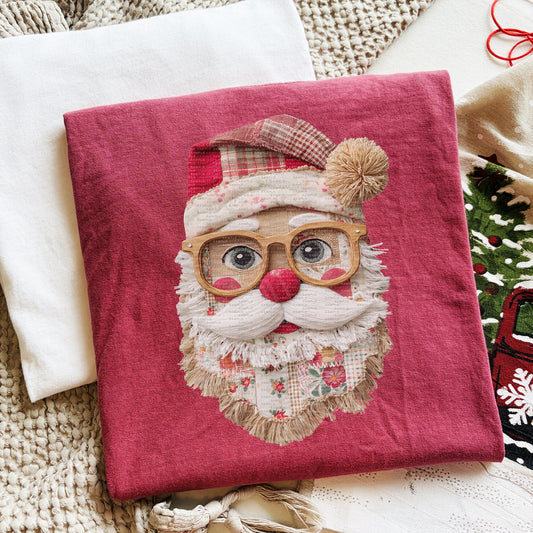 Patchwork Santa, Wooden Glasses  | DTF Print - COOL PEEL |