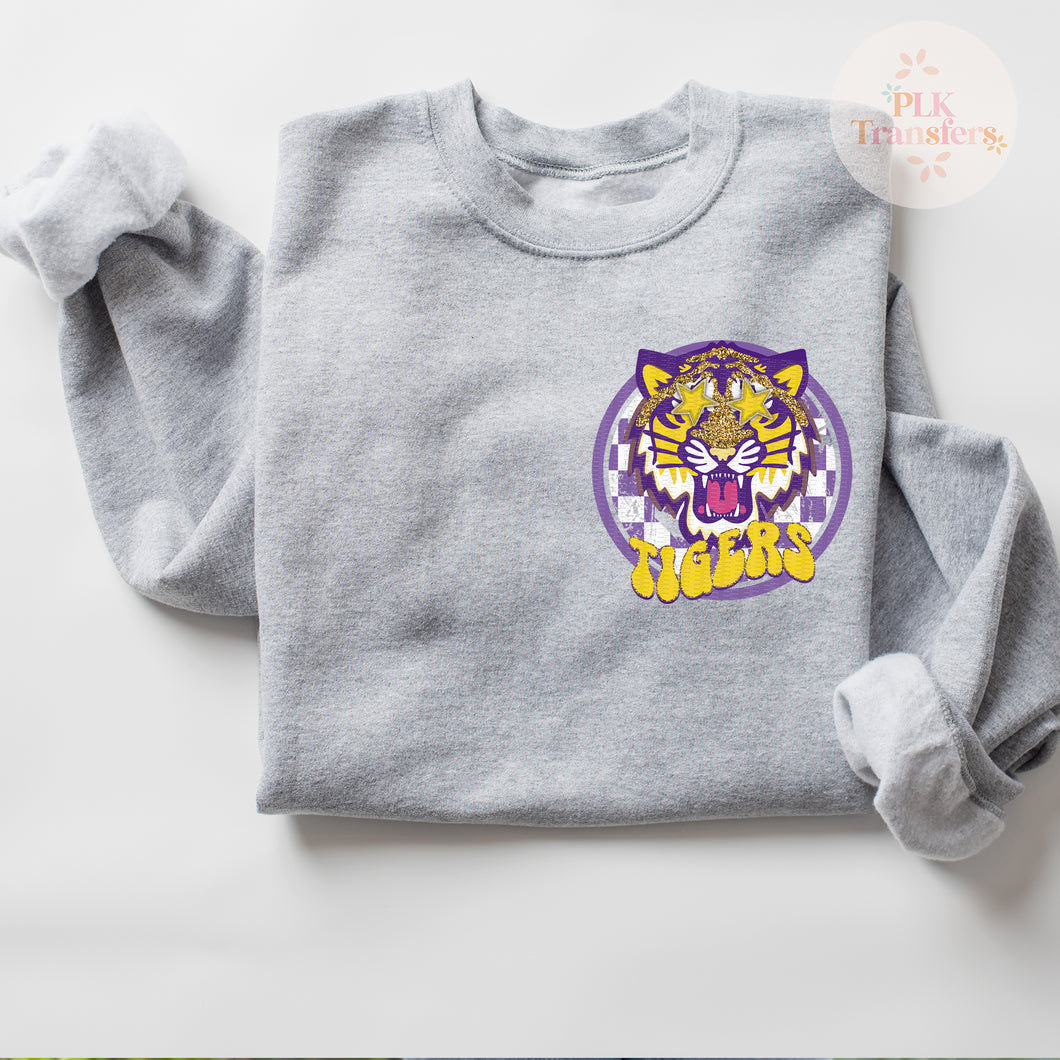 Tigers, Purple and Yellow, Mascot, Preppy, POCKET | Matte Clear Film Screen Print Transfer | - FULL COLOR