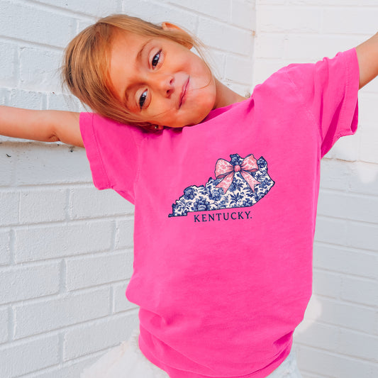 YOUTH, Ky State, Blue Floral With Pink Bow, DTF Print - COOL PEEL |